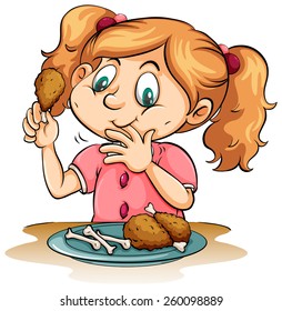 Hungry little girl eating chicken on a white background