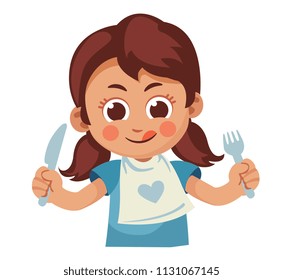 Hungry Little Girl With Fork And Knife Licking Her Mouth. Cartoon Vector Illustration