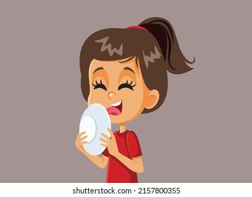 
Hungry Little Girl Licking the Plate Vector Cartoon Illustration. Gourmand child craving for delicious meal finishing it  
