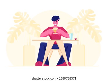 Hungry Male Character Eating Hamburger Sitting in Fast Food Cafe Relaxing during Business Lunch Time or on Weekend. Hospitality Service, Fastfood Gastronomy Concept. Cartoon Flat Vector Illustration