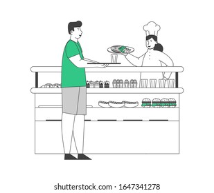 Hungry Male Character Taking Food on Counter Desk. Young Woman Staff in Hotel Restaurant or Cafe Give Meal to Client. Hospitality Service, Business Lunch. Cartoon Flat Vector Illustration, Line Art