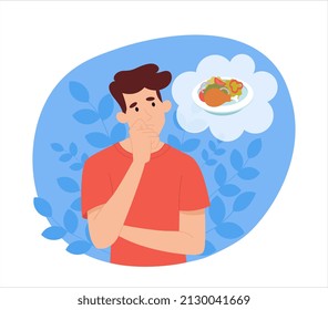 Hungry Man Dream About Food. Young Guy Thinking About Turkey With Vegetables. Lack Of Calories And Energy. Character Waiting For Dinner, Employee Tired At Work. Cartoon Flat Vector Illustration