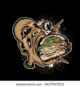 hungry man eat burger design element for logo, poster, card, banner, emblem, t shirt. Vector illustration