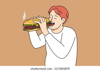 Hungry man eating big burger. Excited male enjoy tasty fresh hamburger in restaurant. Fast food concept. Vector illustration. 