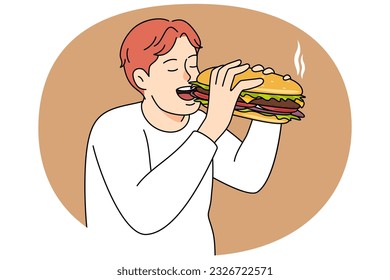 Hungry man eating big burger. Excited male enjoy tasty fresh hamburger in restaurant. Fast food concept. Vector illustration.