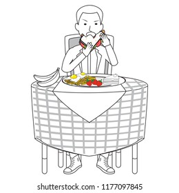 Hungry man eating a big vegetable sandwich eggs omelet French fries strawberry cheese sandwich banana on the table