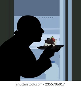 Hungry man eating cake at open refrigerator in flat design