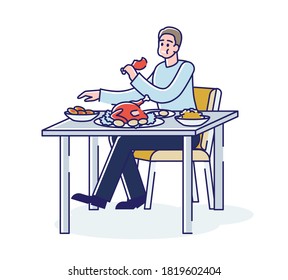 Hungry man eating a lot of food in disorder sitting at table with full mouth. Cartoon male character overeating fat food at dinner. Linear vector illustration