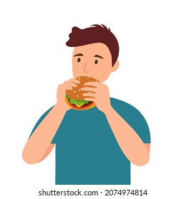 Hungry man eating hamburger in flat design on white background.