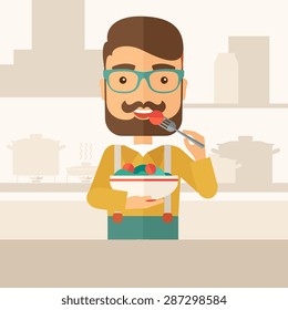 A hungry man eating meal with his fork and by carrying the bowl. Craving concept. A Contemporary style with pastel palette, soft beige tinted background. Vector flat design illustration. Square layout