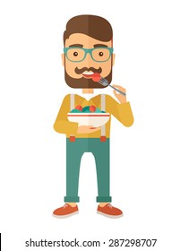 A hungry man eating meal with his fork and by carrying the bowl. Craving concept. A Contemporary style. Vector flat design illustration isolated white background. Vertical layout.