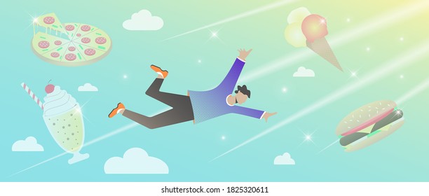Hungry man flying between food and clouds in the sky, dreaming about junk food. Vector illustration flat cartoon design.