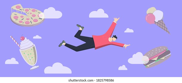 Hungry man flying between food and clouds in the sky, dreaming about junk food. Vector illustration flat cartoon design.