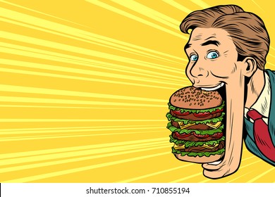 hungry man with a giant Burger in your mouth, street food. Pop art retro vector illustration