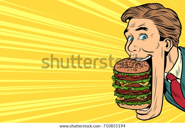 腹ぺこの男は巨大なハンバーガーを口にくわえ ストリートフード レトロなベクターイラストをポップアートに のベクター画像素材 ロイヤリティフリー