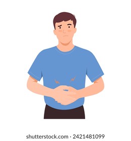 Hungry man holding his stomach. Stomach growls and rumbles. Abdominal problems, gastritis, indigestion. Male was hungry for food and water or eat too much. Isolated vector on white background