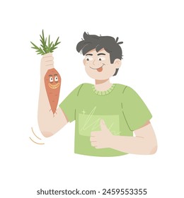 Hungry man holds fresh ripe carrot