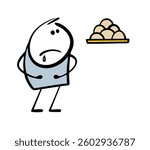 Hungry man looks at a dish of bread. Vector illustration of a beggar with a stomach ache.  A boy stands in a bakery. Cartoon isolated stickman on white background.