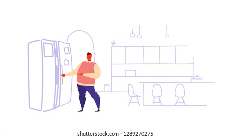 hungry man opening refrigerator door casual guy taking food in fridge standing modern kitchen interior sketch doodle horizontal vector illustration