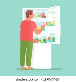 Hungry man opens a refrigerator full of food and drinks in order to have a snack or take food for cooking. Vector illustration in flat style