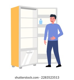 Hungry man standing at the opening empty fridge in flat design on white background.