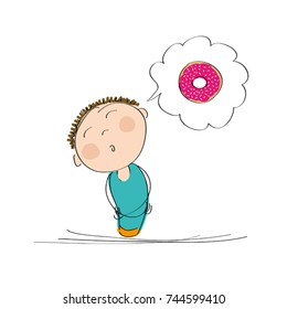Hungry man thinking of a donut - original hand drawn illustration