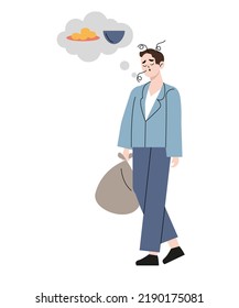 Hungriger Mann denkt an Essen. Vektordesign-Illustration einzeln auf weißem Hintergrund
