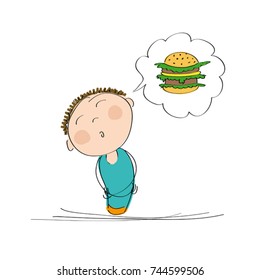 Hungry man thinking of a hamburger - original hand drawn illustration