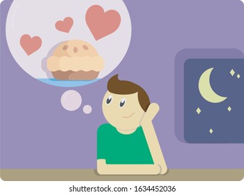 A hungry man thinking on a delicious cake at night.