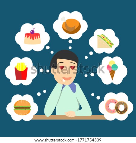 Hungry man thinking what he wants to eat. Thinking of favourite food concept vector.