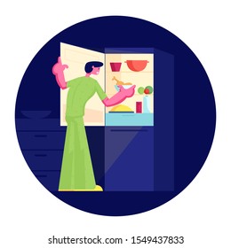 Hungry Man Wearing Pajamas Stand at Open Refrigerator at Night Going to Eat. Male Character Searching Meal at Darkness in Fridge at Midnight. Unhealthy Lifestyle. Cartoon Flat Vector Illustration