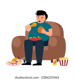 Hungry obesity man overeating at home in flat design on white background.