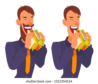 Hungry office worker eats a gigantic fresh layered sandwich, holds it with his both hands, happy smiling. Man in shirt and tie. Vector cartoon flat style illustration isolated on white background.