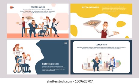 Hungry Office Worker Have Break for Pizza Set. Coworking Lunch Delivery. Disabled Man in Wheelchair Eat Italian Food. Male and Female Character with Junkfood. Cartoon Flat Vector Illustration