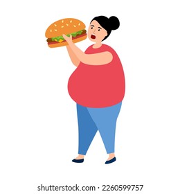 Hungry overweight woman eating big hamburger in flat design on white background.