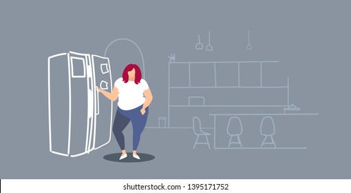 hungry overweight woman standing near refrigerator fat obese girl taking food in fridge over size concept modern kitchen interior sketch doodle horizontal