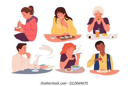 Hungry People Eat Food At Table For Breakfast, Lunch Or Dinner Vector Illustration. Cartoon Collection Of Happy Young Man And Woman Sitting With Spoon Or Fork In Hand And Eating Isolated On White