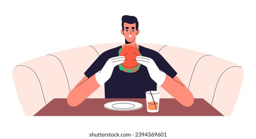 Hungry people eating burger in fast food restaurant. Happy man in gloves bites hamburger. Unhealthy nutrition. Person has lunch, dinner in cafe. Flat isolated vector illustration on white background