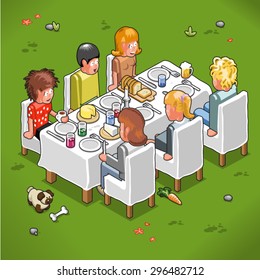 Hungry people sitting at a table waiting for food to be served in a summer garden (isometric illustration)