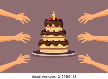 
Hungry People Trying to grab a Piece of Cake Vector Illustration
Greedy party guests reaching for dessert dish 
