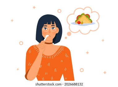 Hungry Person concept. Woman licks spoon and dreams of delicious sandwich with vegetables. Female character on diet. Good appetite. Cartoon flat vector illustration isolated on white background