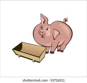 A hungry pig in an empty trough. Postcard for children. Vector.