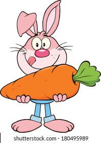 Hungry Pink Rabbit Cartoon Character Holding A Big Carrot. Vector Illustration Isolated on white