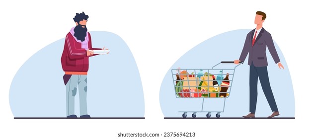 Hungry poor beggar and rich man with cart full of food. Contrast in social economic classes, Socialclass inequality, donation and charity. Cartoon flat style isolated vector concept