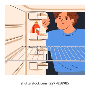 Hungry poor person looking inside empty fridge. Sad upset man with nothing to eat on refrigerator shelf. Food crisis, poverty, need, shortage, hunger, starvation concept. Flat vector illustration