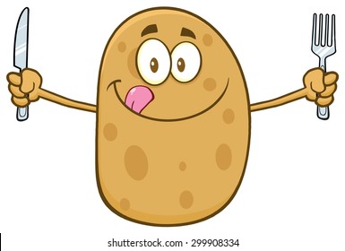 Hungry Potato Cartoon Character With Knife And Fork. Vector Illustration Isolated On White