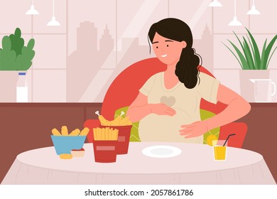 Hungry pregnant woman eating vector illustration. Cartoon female character holding hand on belly, sitting at table full of delicious fastfood, choosing unhealthy junk food in cafe menu background