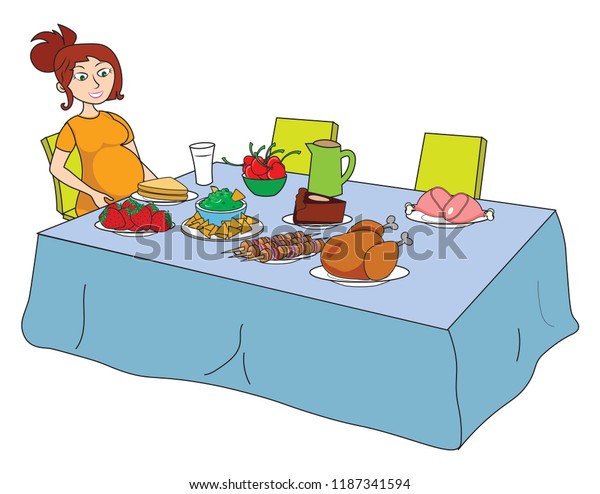 Hungry Pregnant Woman Lots Foods Front Stock Vector Royalty Free