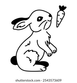 Hungry rabbit chasing carrot, doodle icon 