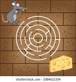 The hungry rat in maze game the try to find big piece of cheese in kitchen